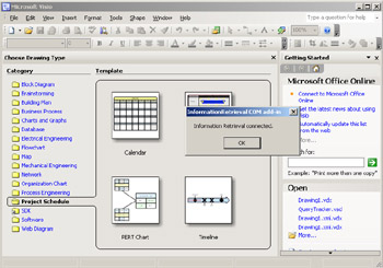 click to expand: this figure shows the message box, which shows that the information retrieval com add-in is connected to visio.