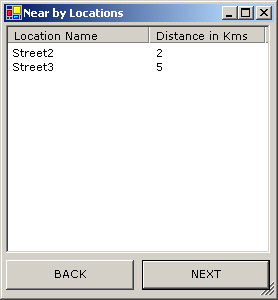 this figure shows the near by locations window that displays the locations that are close to the selected location along with the distance from the selected location.